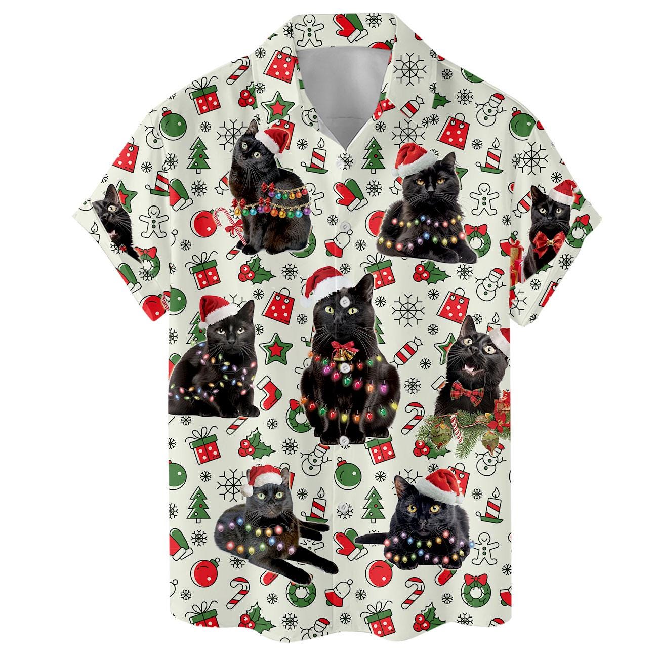 Front view of a collared short-sleeve Hawaiian shirt with black cats and Christmas decorations.