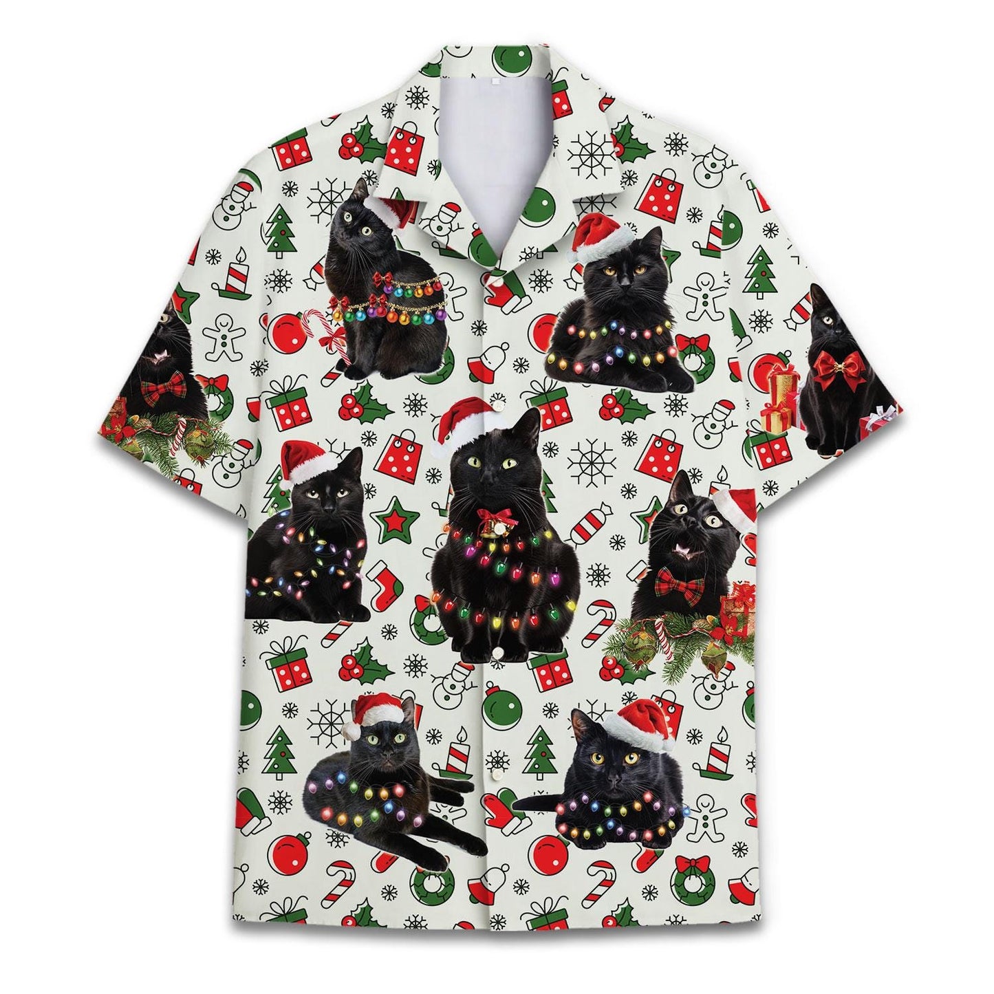 Front view of a festive Hawaiian shirt covered with black Christmas cats, Santa hats, holiday lights, and colorful seasonal icons.