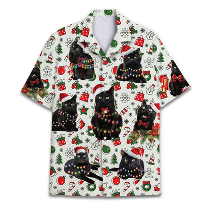Front view of a festive Hawaiian shirt covered with black Christmas cats, Santa hats, holiday lights, and colorful seasonal icons.