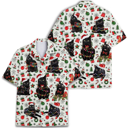 Two views of a Christmas cat Hawaiian shirt showing the front and back all-over holiday print.
