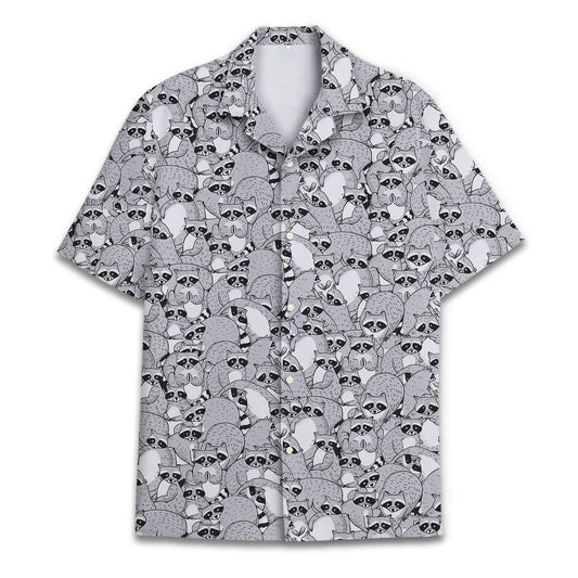Front view of gray Hawaiian shirt with all-over raccoon print