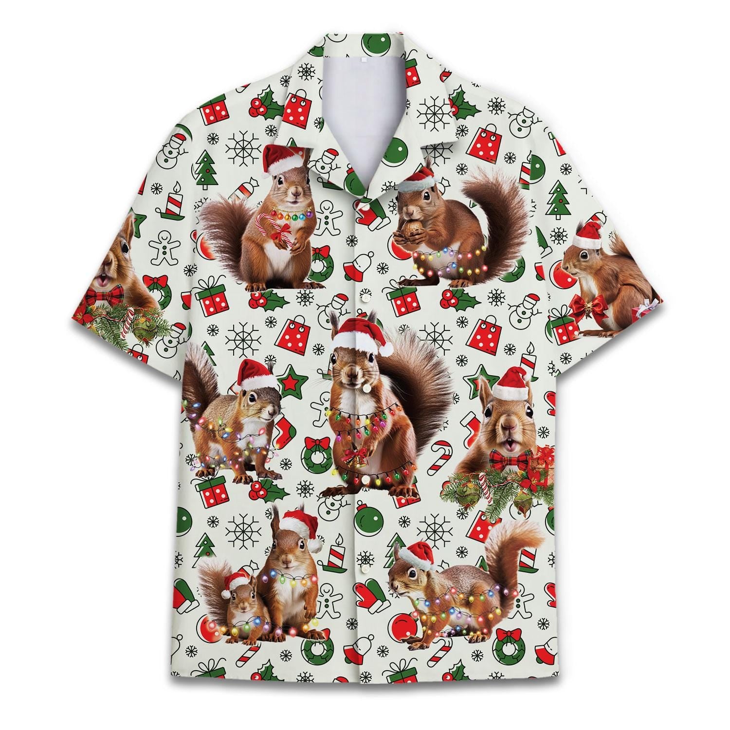 Front view of a Christmas Hawaiian shirt with Santa squirrels and festive holiday icons