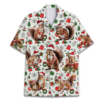 Front view of a Christmas Hawaiian shirt with Santa squirrels and festive holiday icons