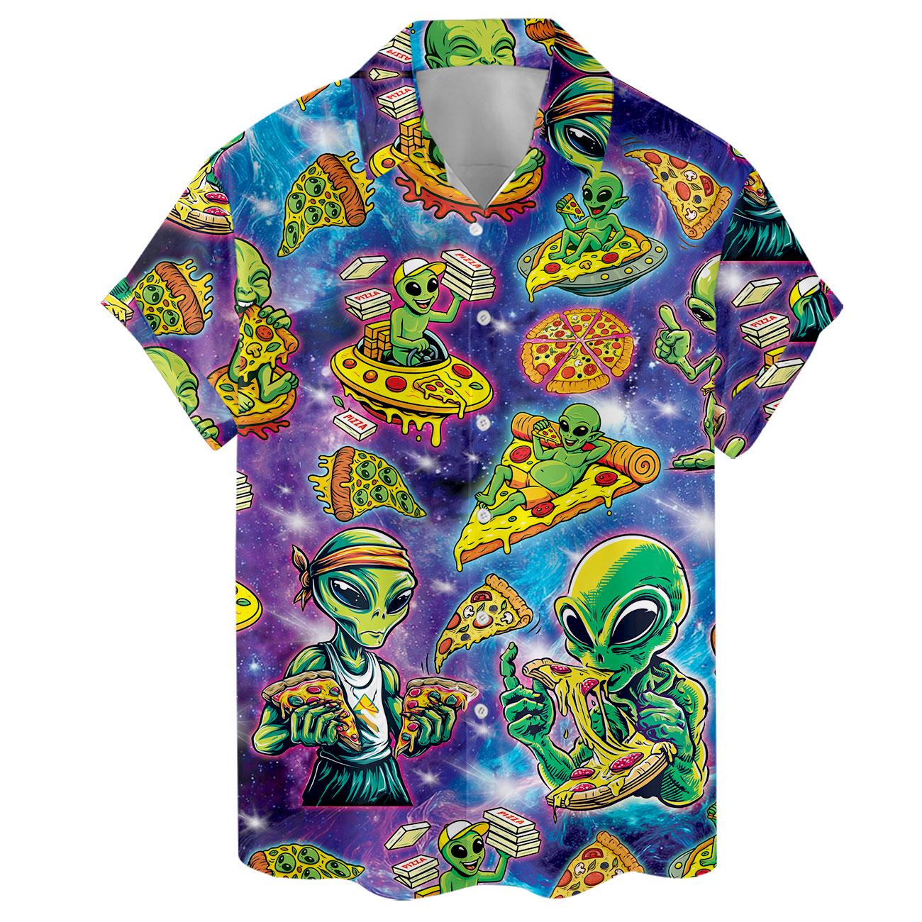 Front view of cosmic alien and pizza Hawaiian shirt