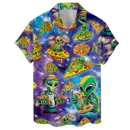Front view of cosmic alien and pizza Hawaiian shirt