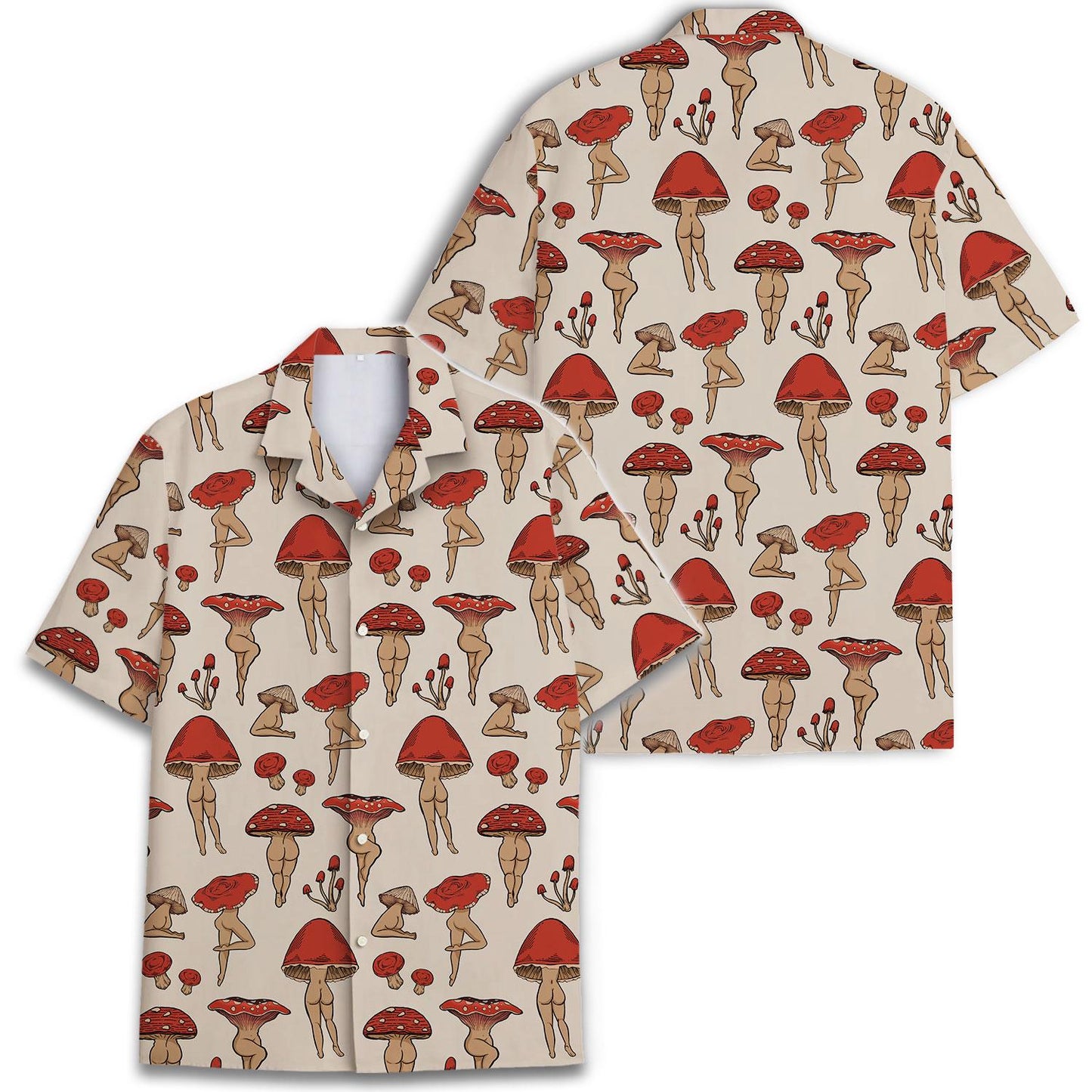 Two views of mushroom print Hawaiian shirt showing the front and back design