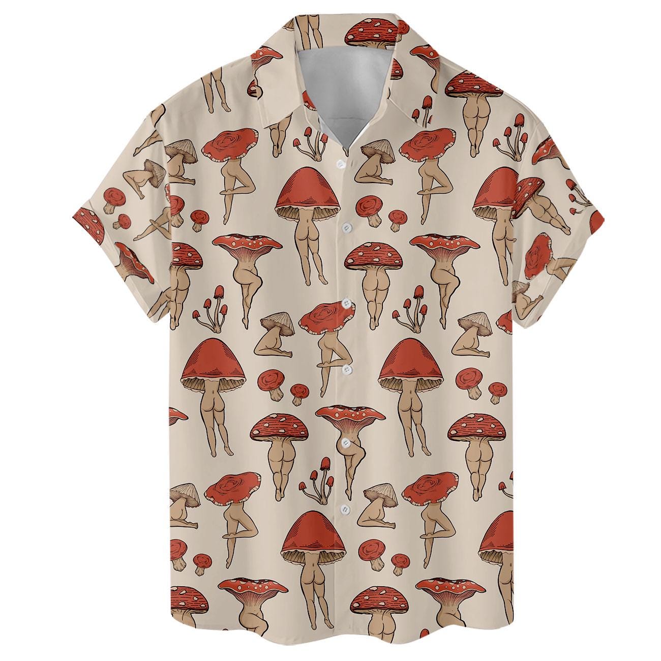 Flat lay of mushroom art button-front Hawaiian shirt with open collar