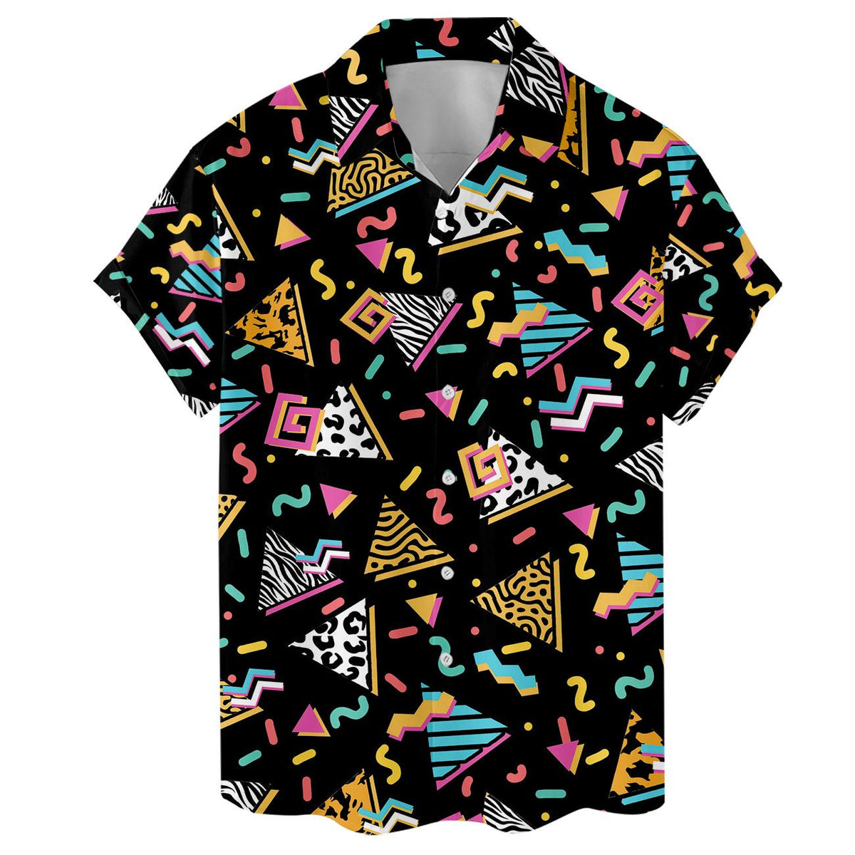 Front view highlighting the open collar and multicolor geometric shirt pattern
