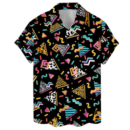 Front view highlighting the open collar and multicolor geometric shirt pattern