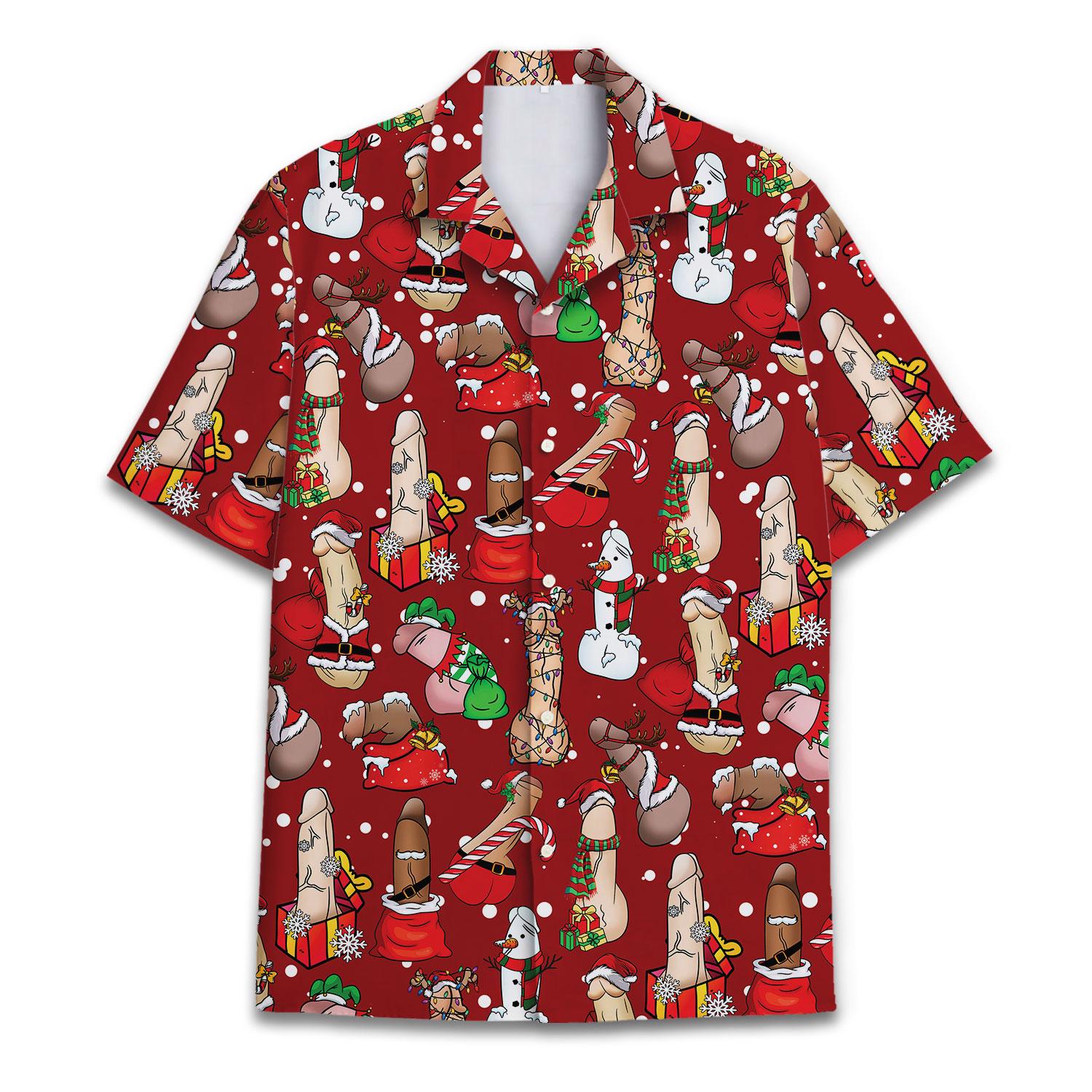 Red Christmas Hawaiian shirt with whimsical holiday character print