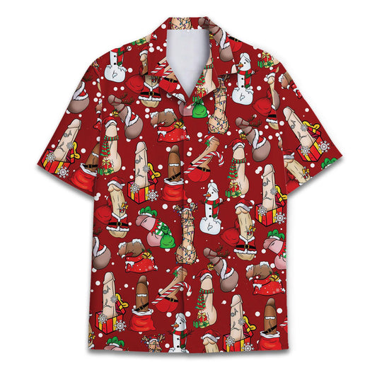 Red Christmas Hawaiian shirt with whimsical holiday character print