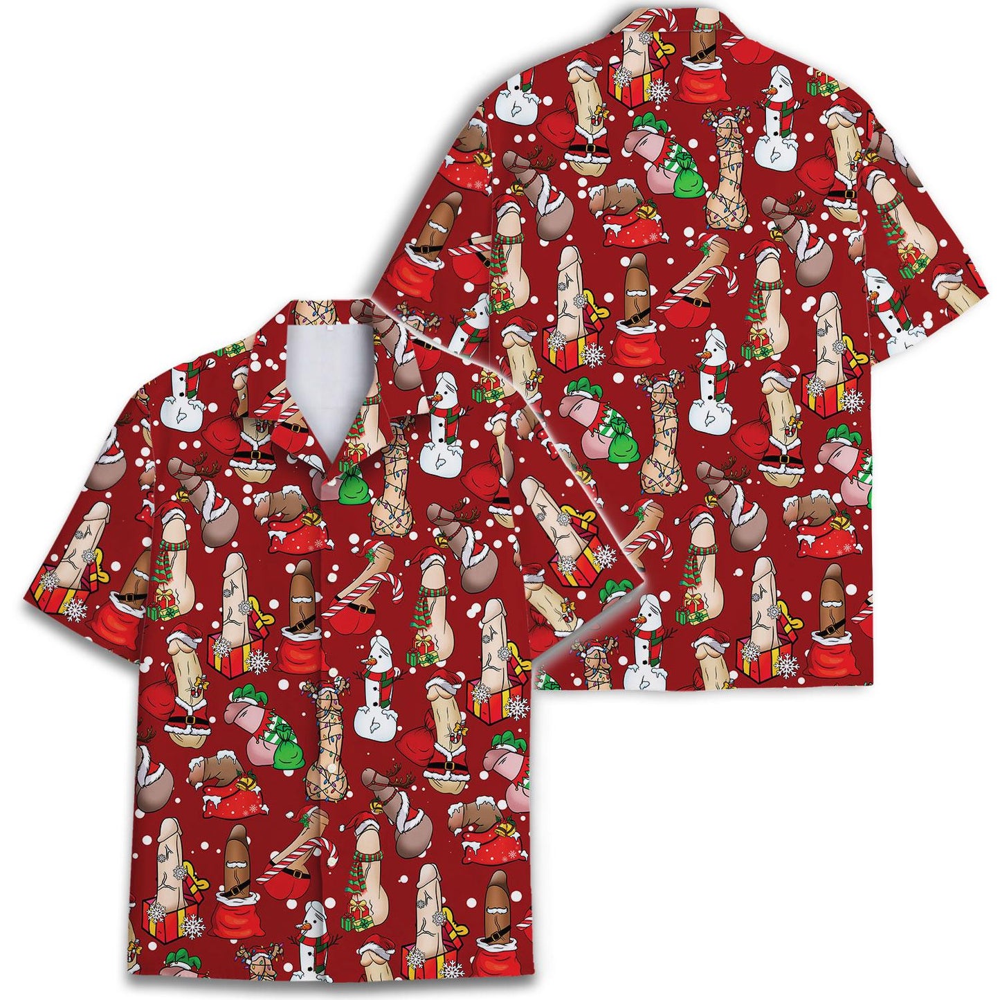 Two views of a red festive Christmas character Hawaiian shirt