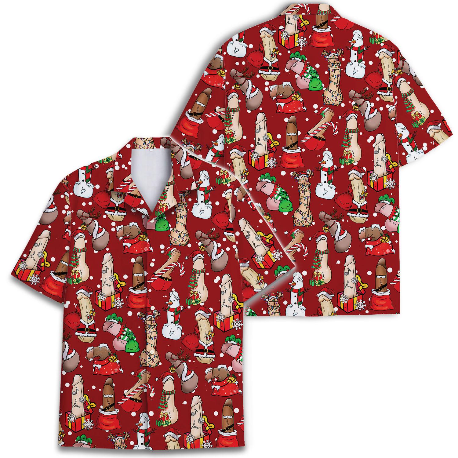 Two views of a red festive Christmas character Hawaiian shirt