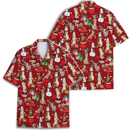Two views of a red festive Christmas character Hawaiian shirt