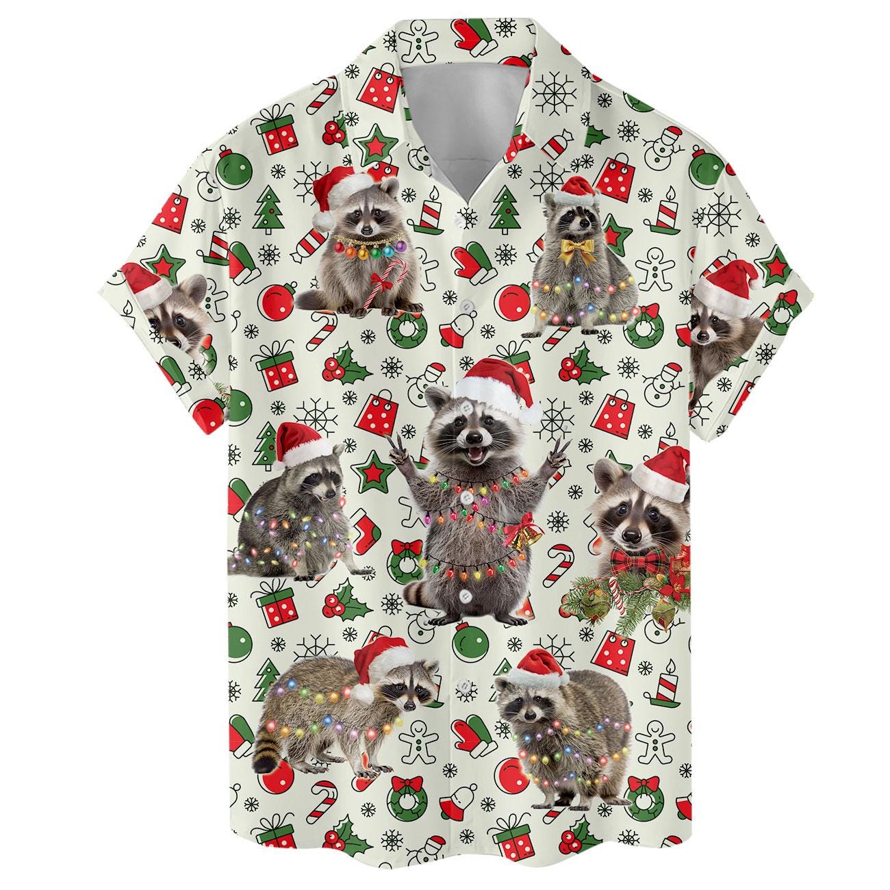 Front view of allover raccoon holiday Hawaiian shirt