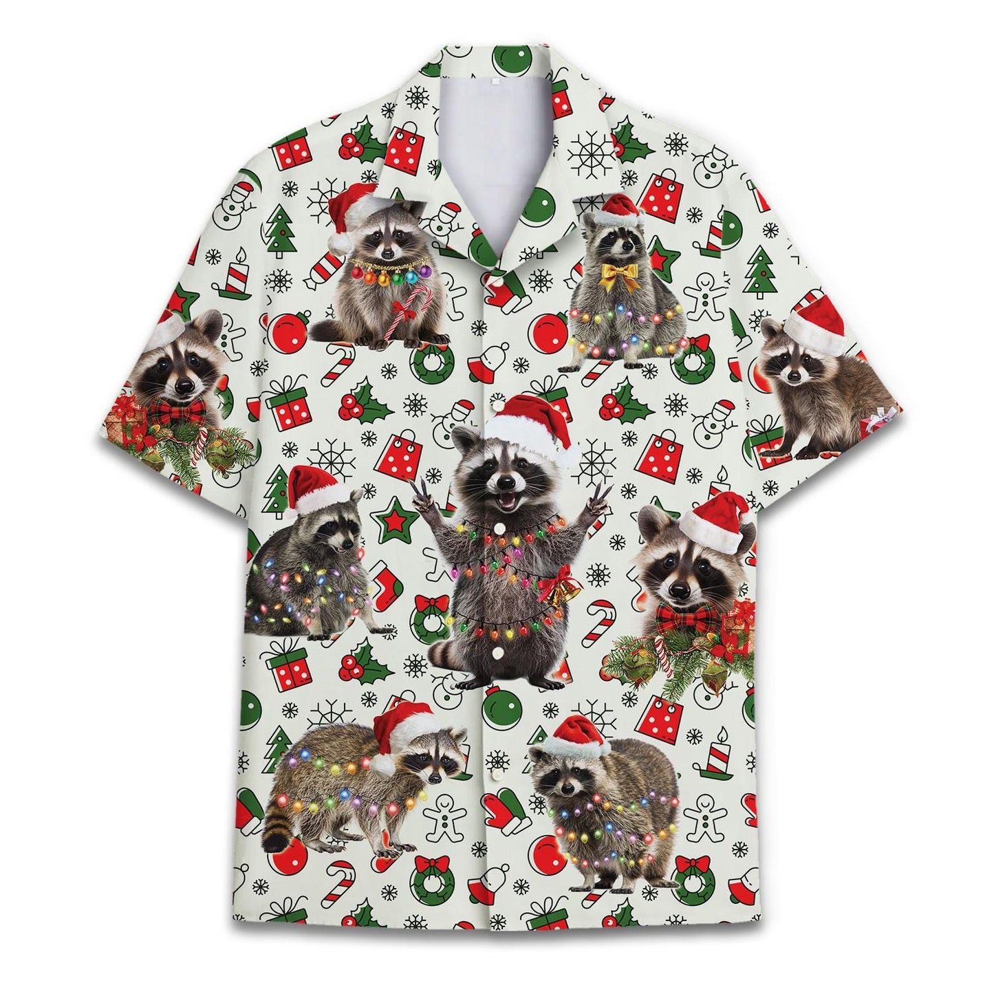 Front view of Christmas raccoon Hawaiian shirt with Santa hats and holiday icons