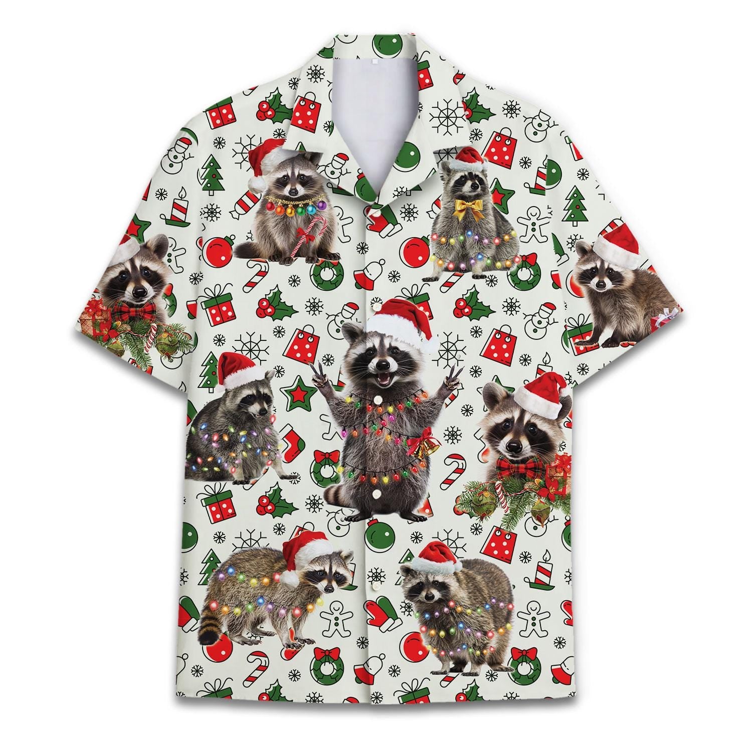 Front view of Christmas raccoon Hawaiian shirt with Santa hats and holiday icons