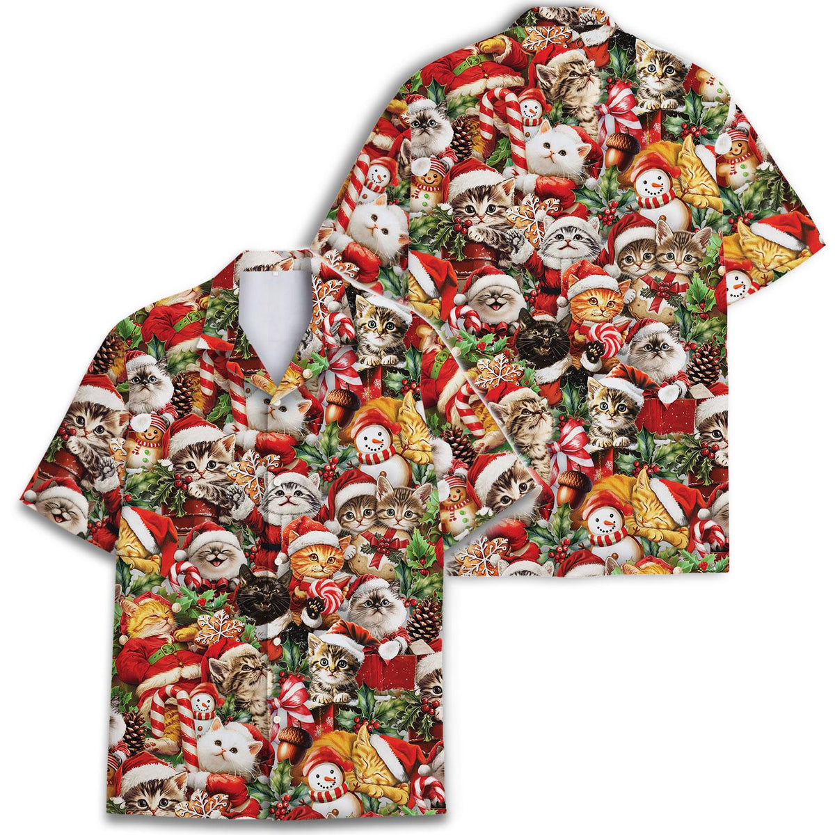 Two views of a festive Christmas Hawaiian shirt covered in cats, candy canes and snowmen