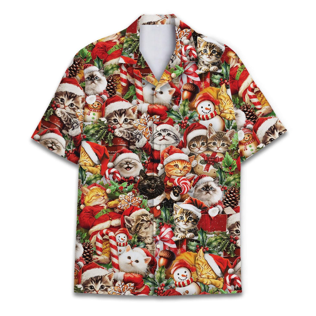 Front view of a colorful Christmas cat Hawaiian shirt with Santa kittens and holiday characters