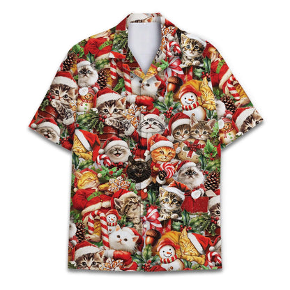 Front view of a colorful Christmas cat Hawaiian shirt with Santa kittens and holiday characters