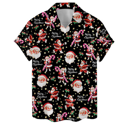 Front view of black Santa Christmas Hawaiian shirt