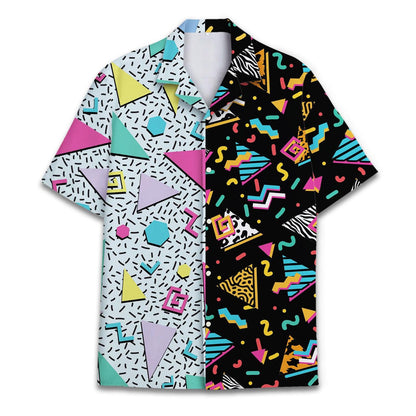 Front view of a colorful split-side geometric Hawaiian shirt