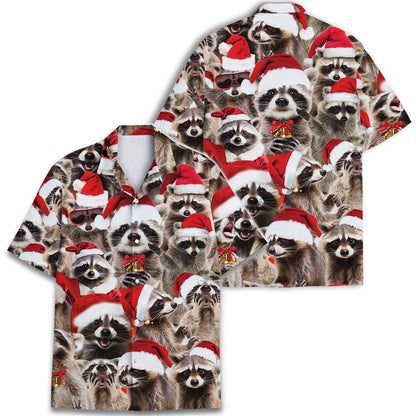 Two Christmas raccoon Hawaiian shirts displayed together