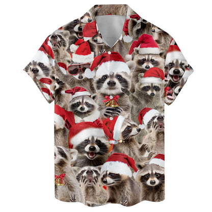 Front view of festive raccoon button-up shirt