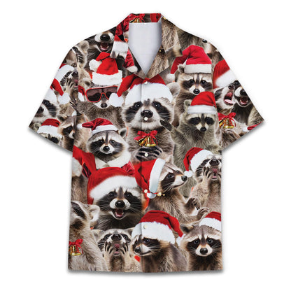 Front view of Christmas raccoon Hawaiian shirt with Santa hats
