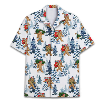 Front view of a Christmas Bigfoot Hawaiian shirt with snowy pine trees and festive Sasquatch scenes
