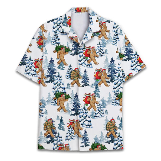 Front view of a Christmas Bigfoot Hawaiian shirt with snowy pine trees and festive Sasquatch scenes