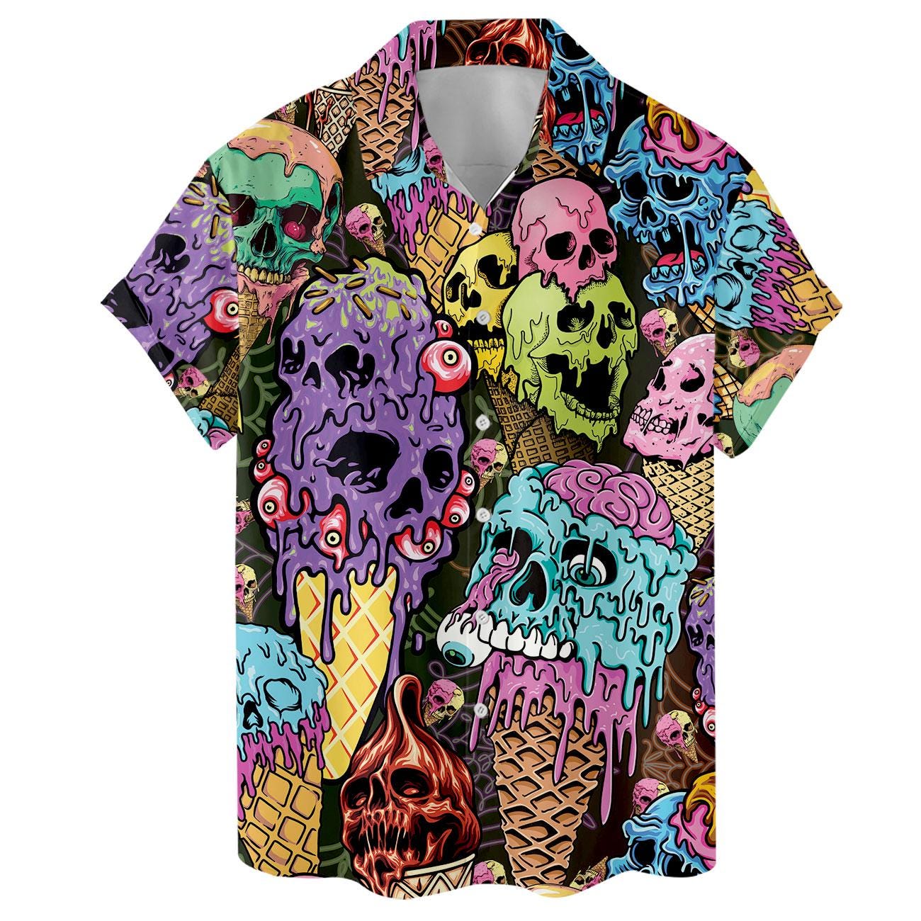 Close front view of melting skull ice cream and waffle cone artwork