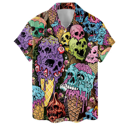 Close front view of melting skull ice cream and waffle cone artwork
