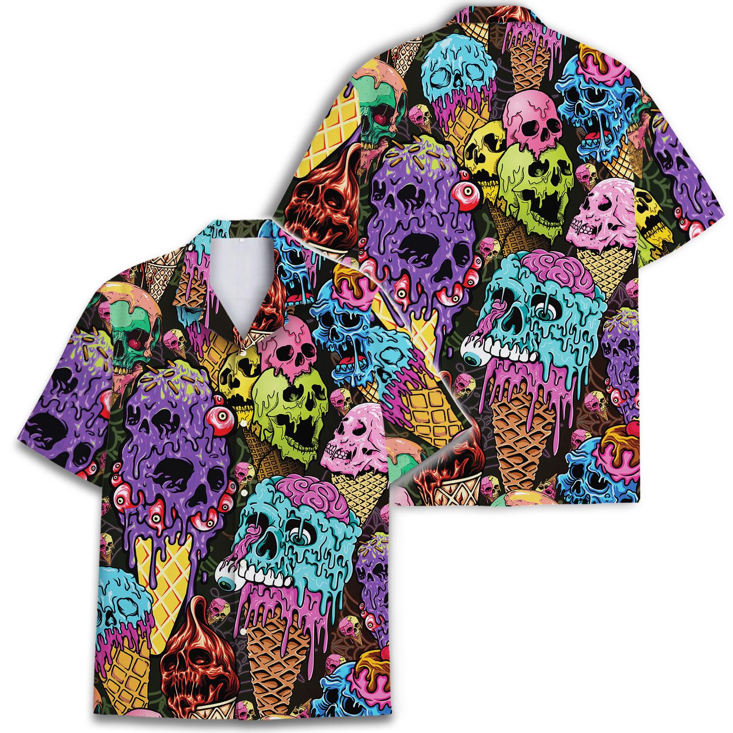 Angled product view showing the full gothic skull dessert print Hawaiian shirt