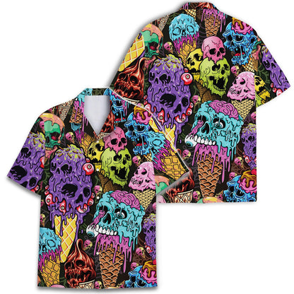 Angled product view showing the full gothic skull dessert print Hawaiian shirt