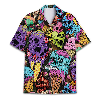 Front view of a colorful skull ice cream Hawaiian shirt with short sleeves