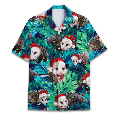 Front view of a Christmas Hawaiian shirt with Santa-hat opossums and tropical leaves