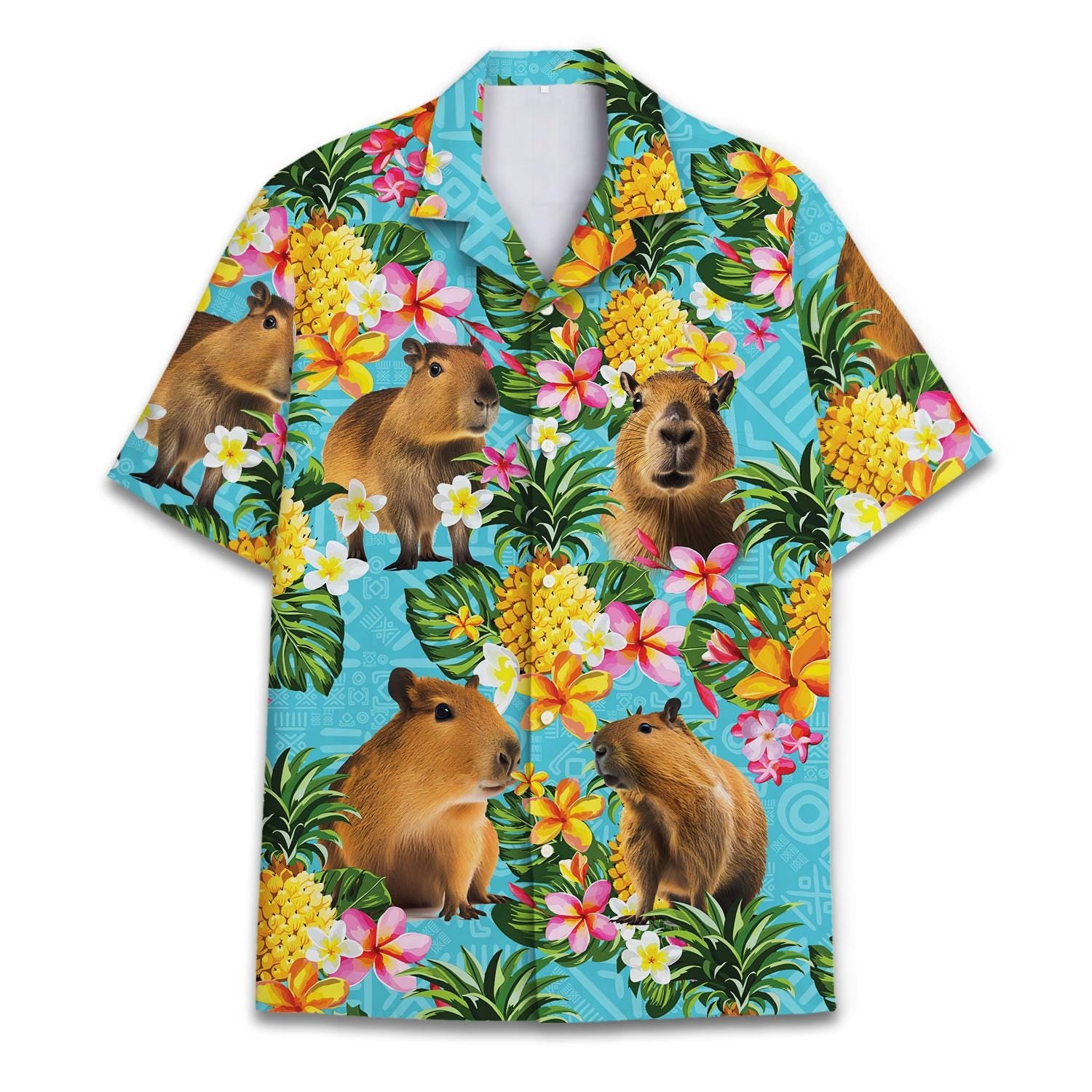Front view of a turquoise capybara Hawaiian shirt with tropical flowers, pineapples, and leafy foliage