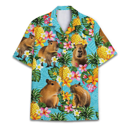 Front view of a turquoise capybara Hawaiian shirt with tropical flowers, pineapples, and leafy foliage