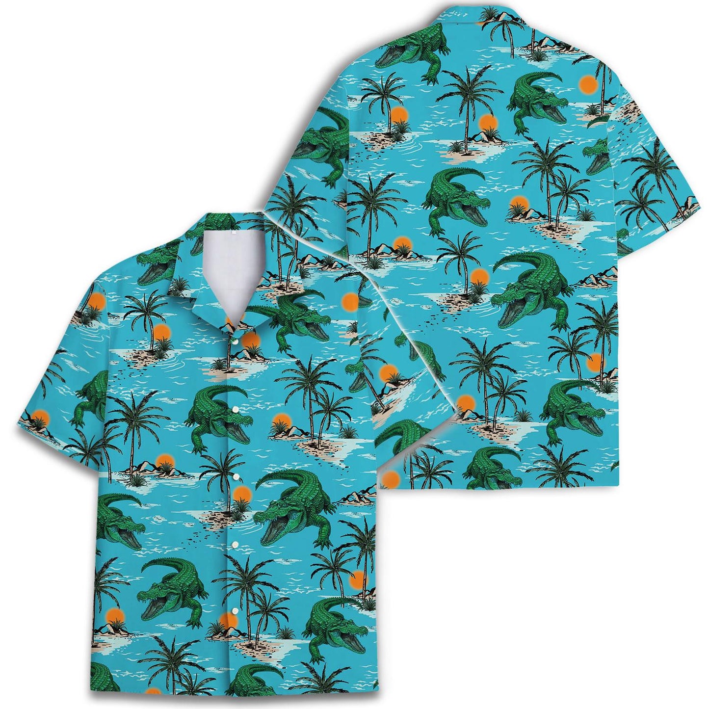 Front and back views of turquoise crocodile tropical Hawaiian shirt