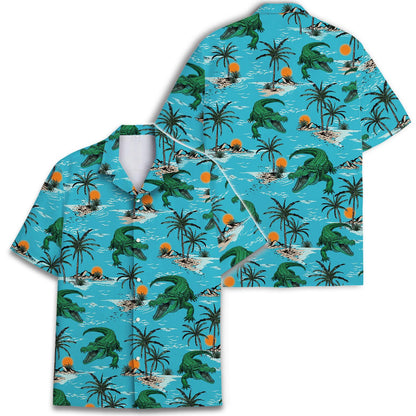 Front and back views of turquoise crocodile tropical Hawaiian shirt