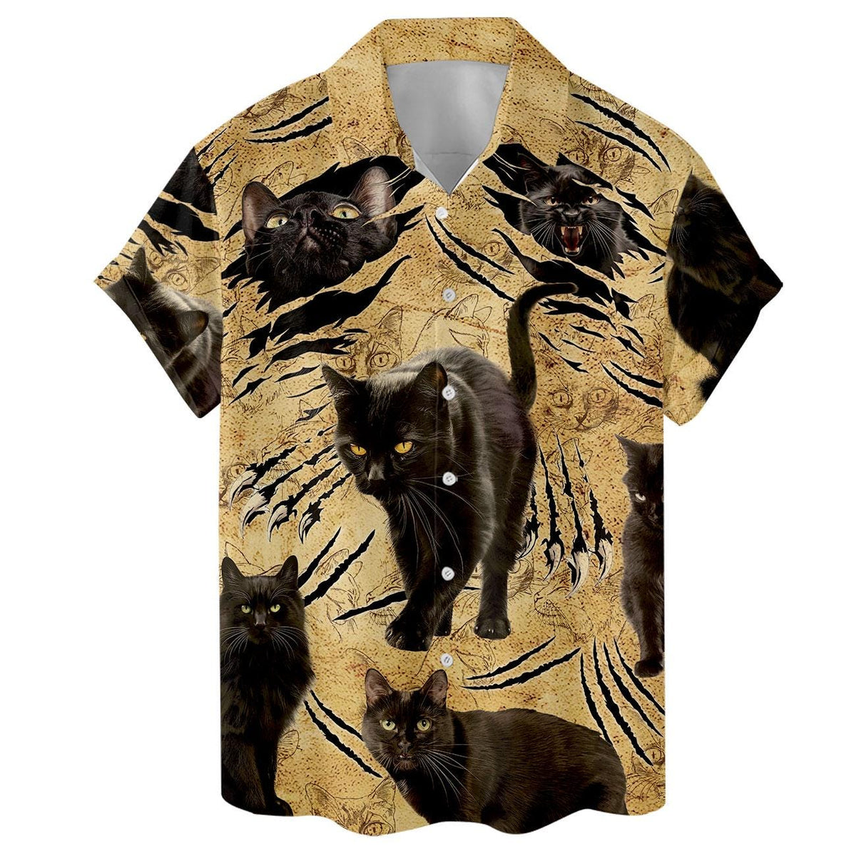 Flat front view of a short-sleeve golden Hawaiian shirt with black cats