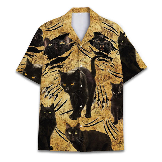 Front view of a golden Hawaiian shirt covered in black cat and claw-mark designs