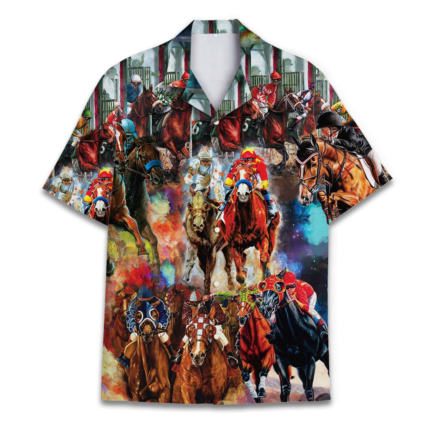 Colorful horse racing Hawaiian shirt with jockeys and galloping horses