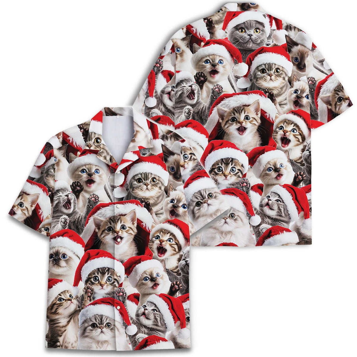 Hawaiian shirt and matching display featuring an allover Christmas kitten print