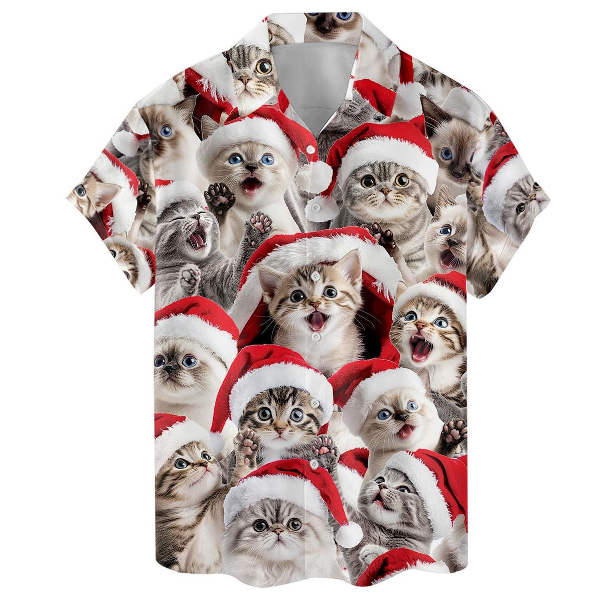 Flat lay view of a button-front shirt with Santa hat kitten pattern
