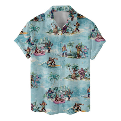 Front view of aqua short sleeve Hawaiian shirt with all-over beach scene