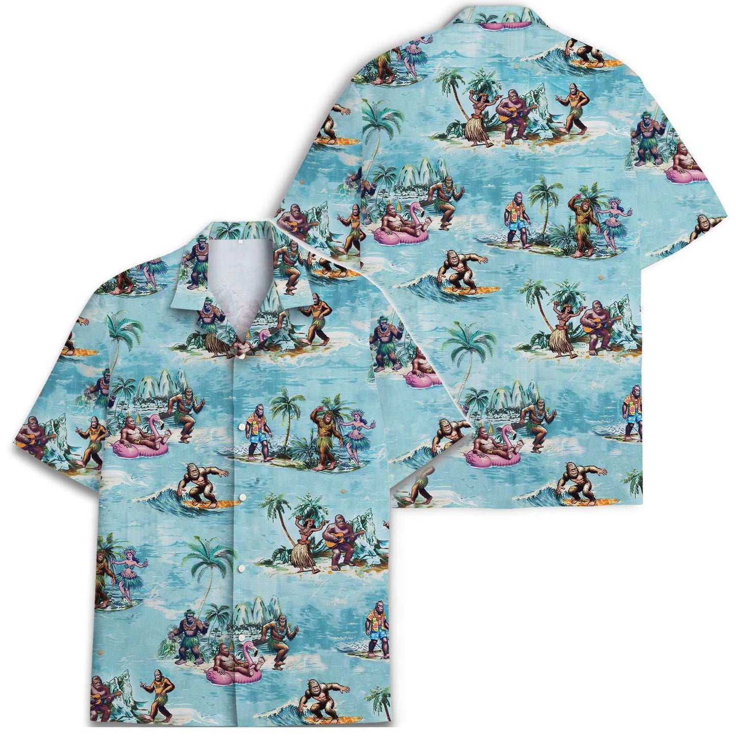 Front and back views of aqua tropical Hawaiian shirt