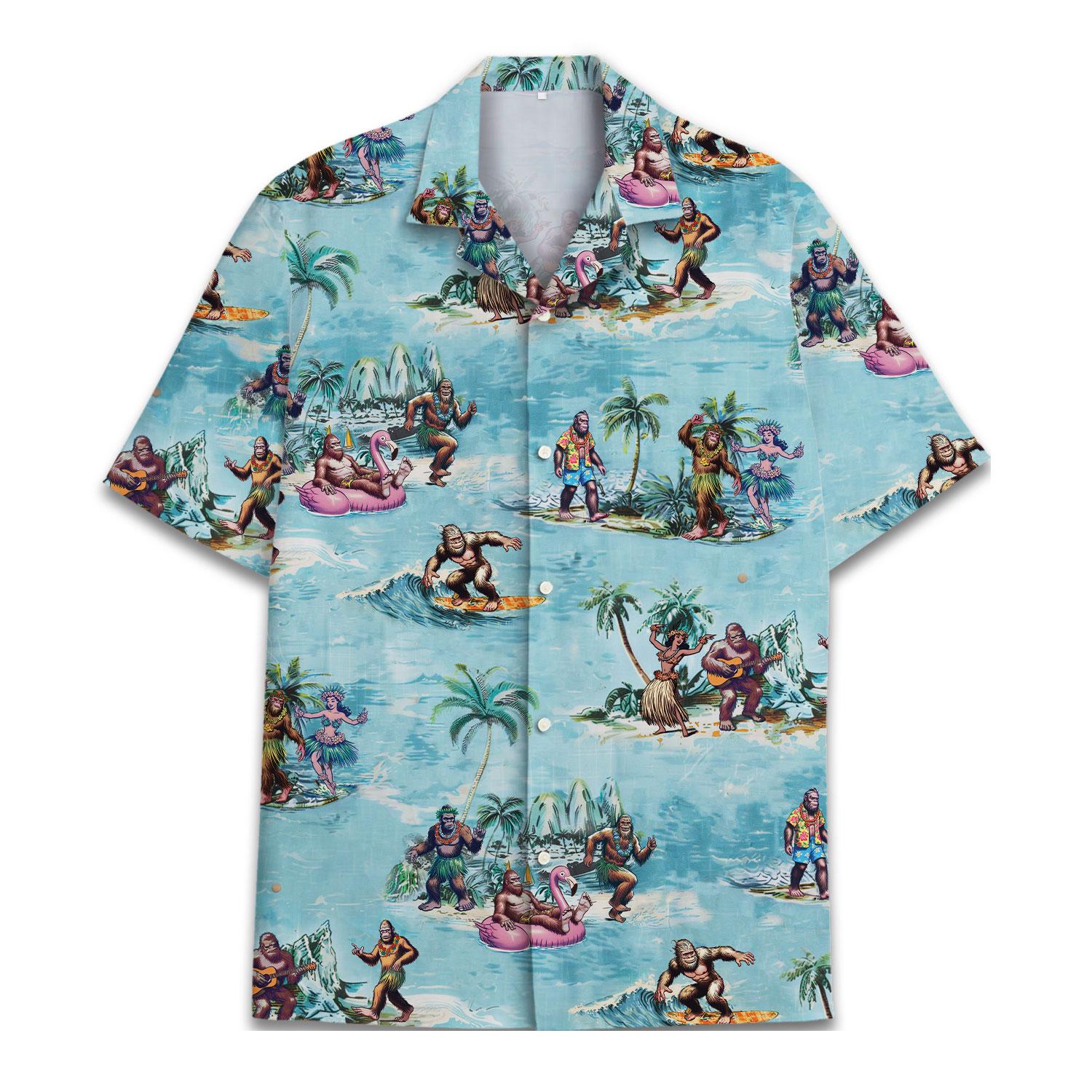 Front view of aqua Hawaiian shirt with colorful tropical island adventure print