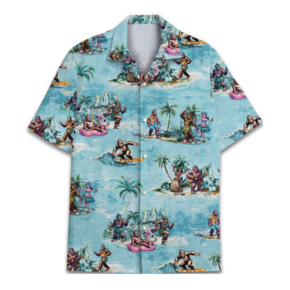 Front view of aqua Hawaiian shirt with colorful tropical island adventure print